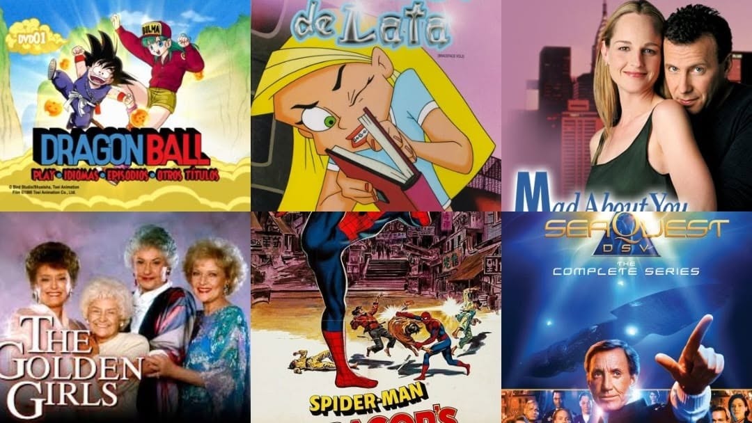 Collage de series y películas clásicas en DVD: Dragon Ball, The Golden Girls, Spider-Man y más